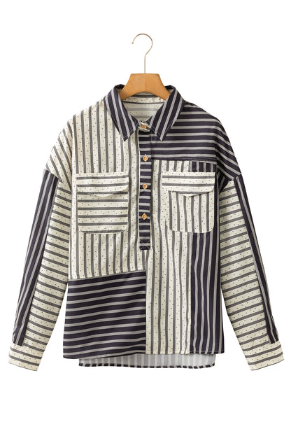 Black Stripe 2-tone Patchwork Half Buttons Chest Pockets Casual Blouse