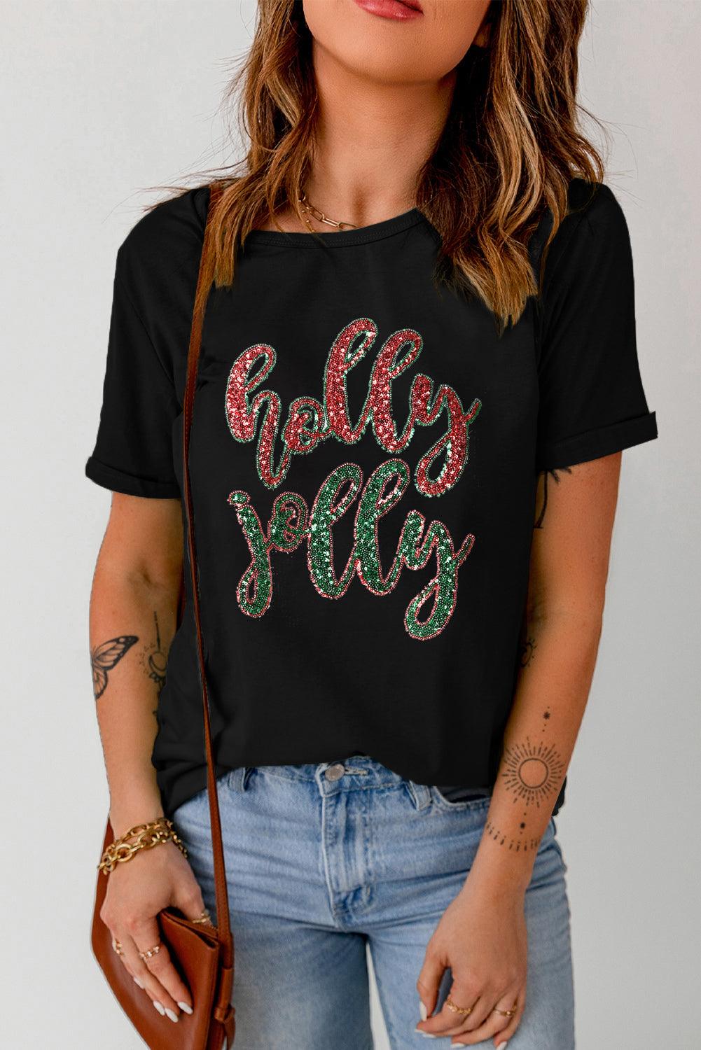 Black Christmas Sequined holly jolly Graphic Tee - L & M Kee, LLC