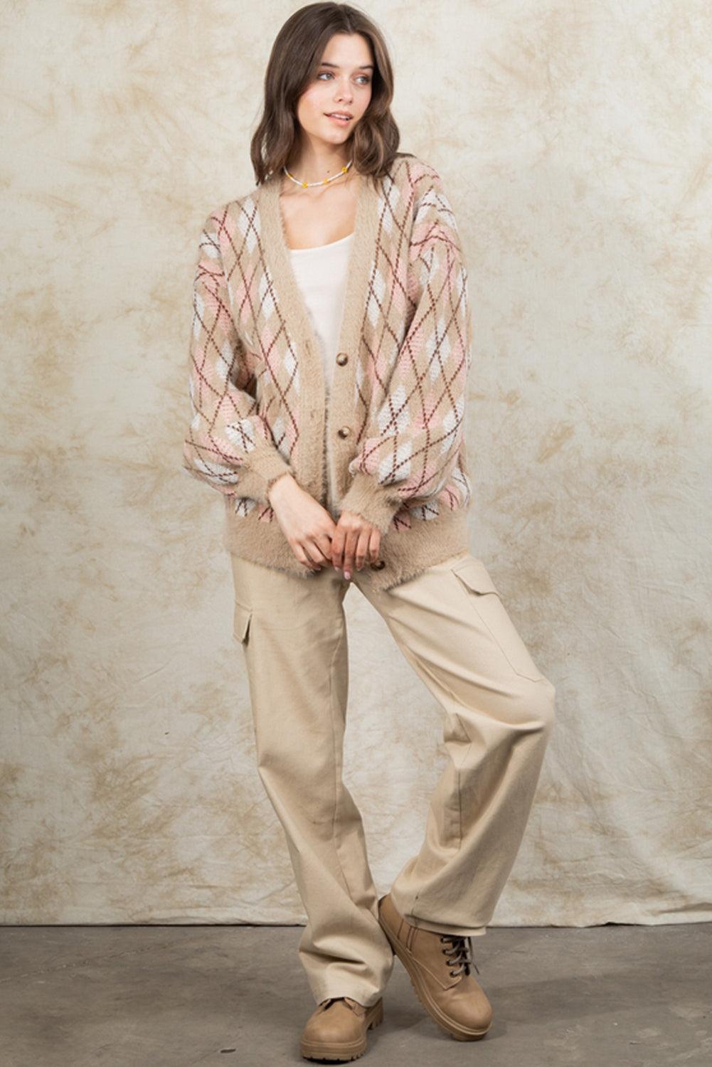 Multicolour Rhombus Pattern Knit Sweater Cardigan - L & M Kee, LLC