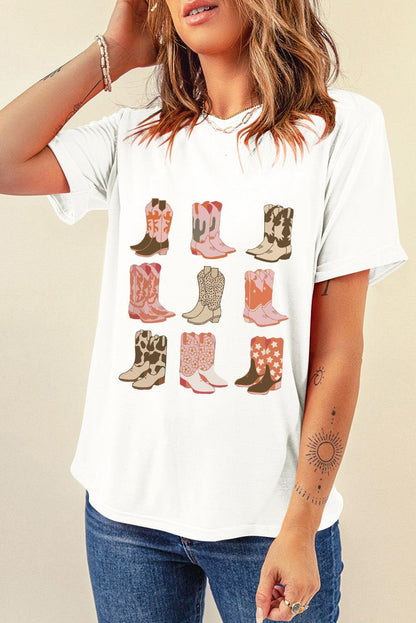 White Western Cowboy Boots Print Round Neck T Shirt - L & M Kee, LLC