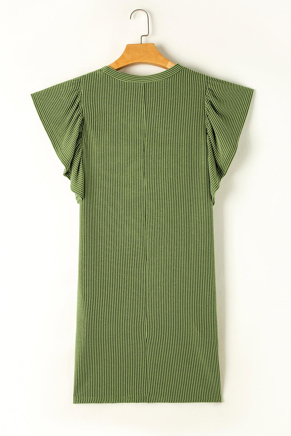 Grass Green Flutter Sleeve Ribbed Shift Dress