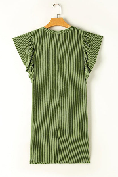 Grass Green Flutter Sleeve Ribbed Shift Dress - L & M Kee, LLC