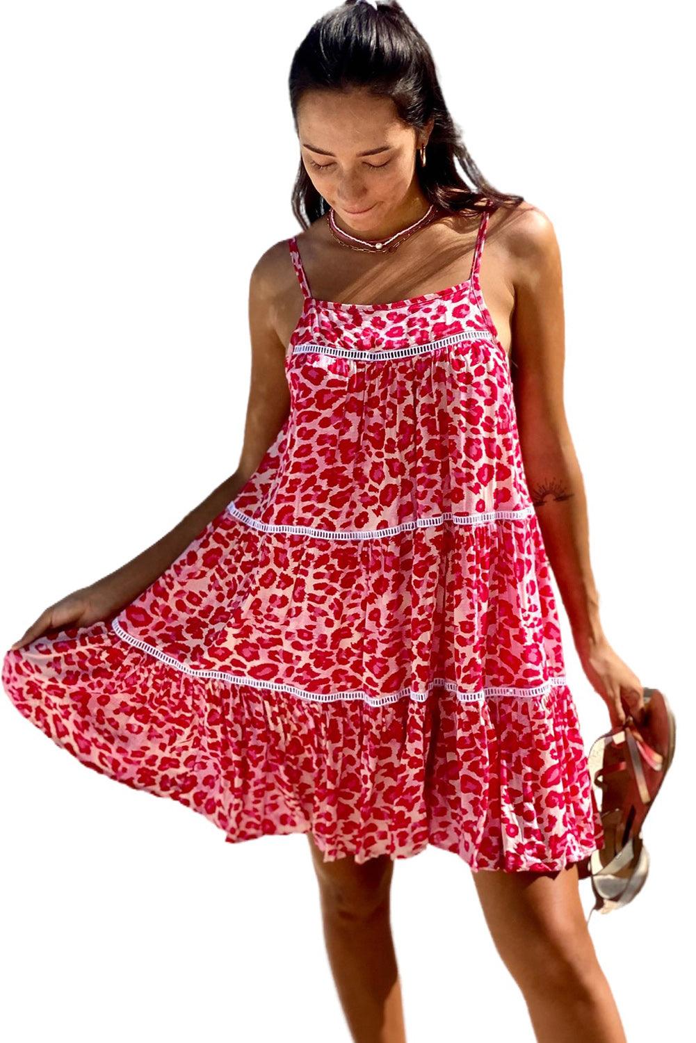 Rose Leopard Print Lace Trim Flared Sundress - L & M Kee, LLC