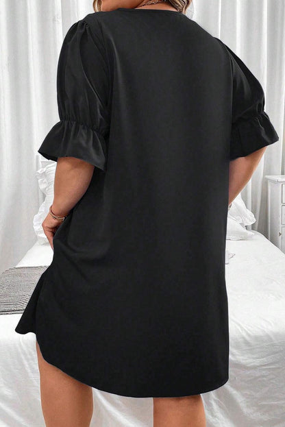 Black Solid Ruffled Puff Sleeve V Neck Plus Size Mini Dress - L & M Kee, LLC