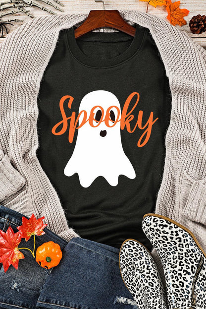 Black Halloween Spooky Ghost Print Crewneck Pullover Sweatshirt - L & M Kee, LLC