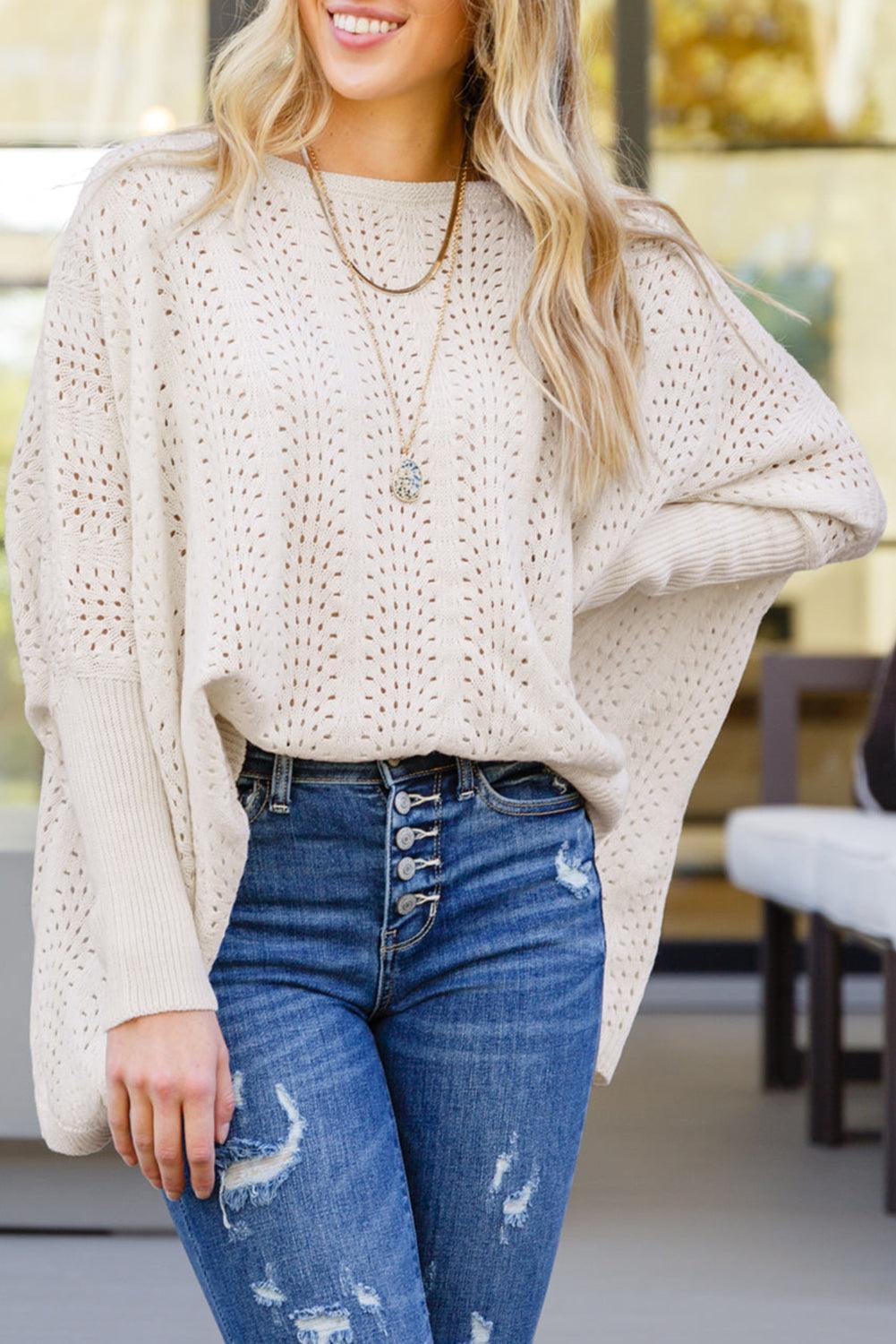 Beige Ribbed Hollow Knit Dolman Sleeve Sweater - L & M Kee, LLC