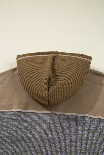 Jungle Green Mixed Texture Patchwork Exposed Seam Half Button Pullover Hooded Sweatshirt