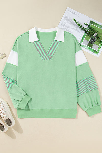 Moonlight Jade Color Block Striped Patchwork Collar V Neck Plus Size Sweatshirt