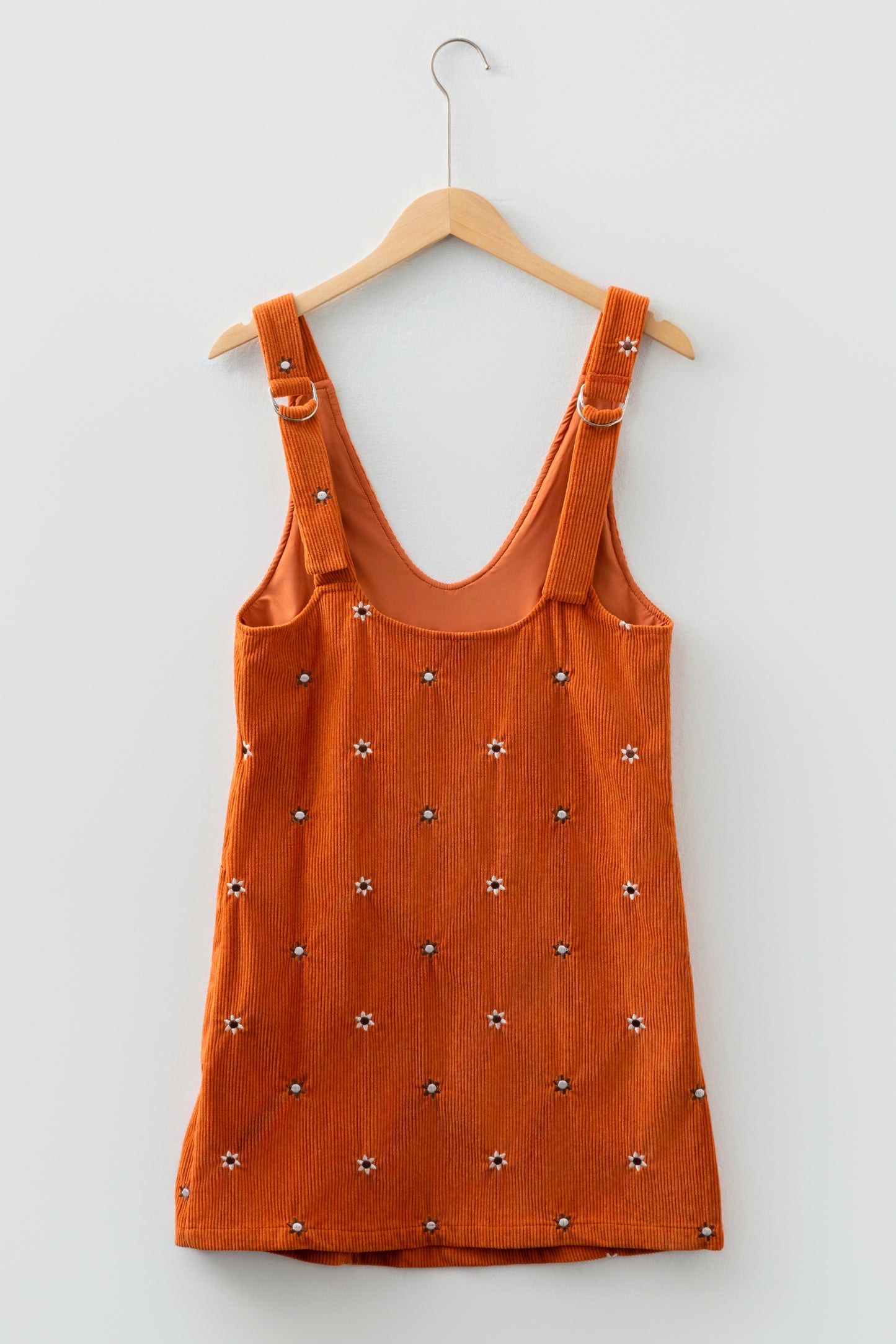 Gold Flame Flower Embroidered Corduroy Overall Mini Dress