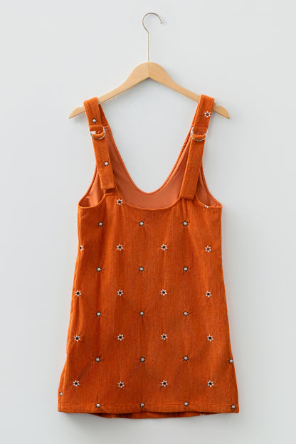 Gold Flame Flower Embroidered Corduroy Overall Mini Dress