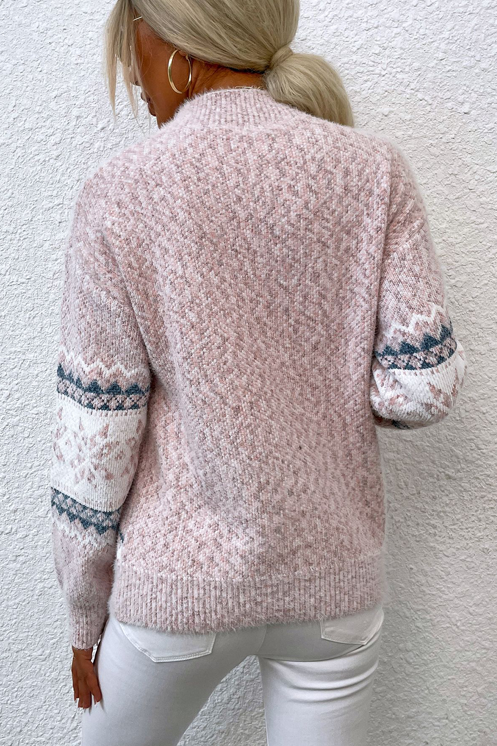 Light Pink Retro Snowflake Pattern Mock Neck Fuzzy Sweater