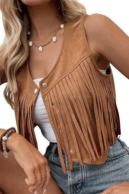 Camel Fringed Snap Button Front Suedette Vest - L & M Kee, LLC