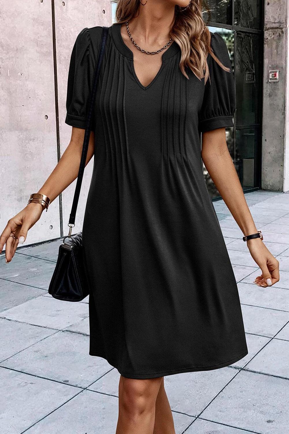 Black Notched Neck Pleated Puff Sleeve Shift T-shirt Dress - L & M Kee, LLC