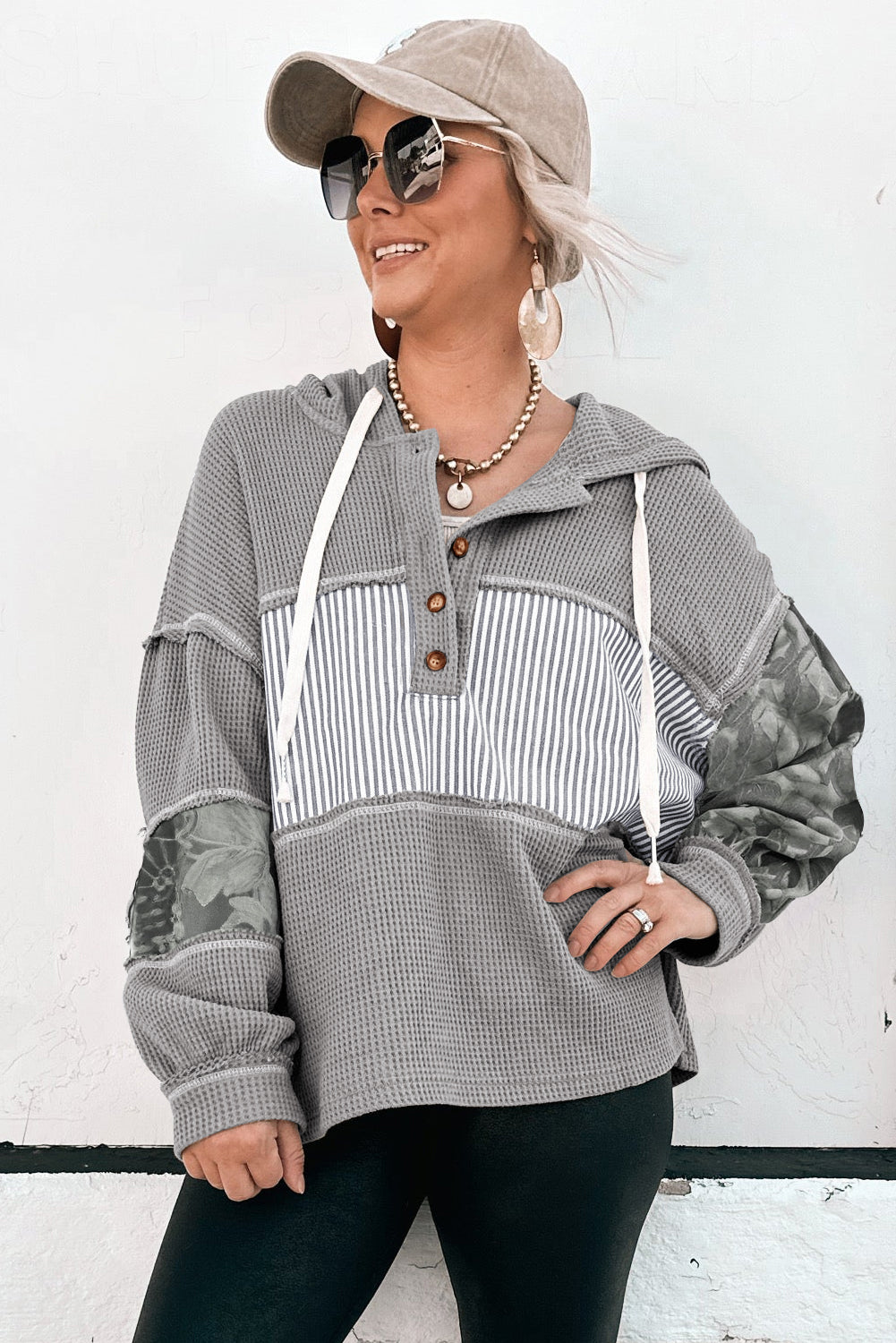 Gray Waffle Printed Patchwork Drawstring Hooded Long Sleeve Top