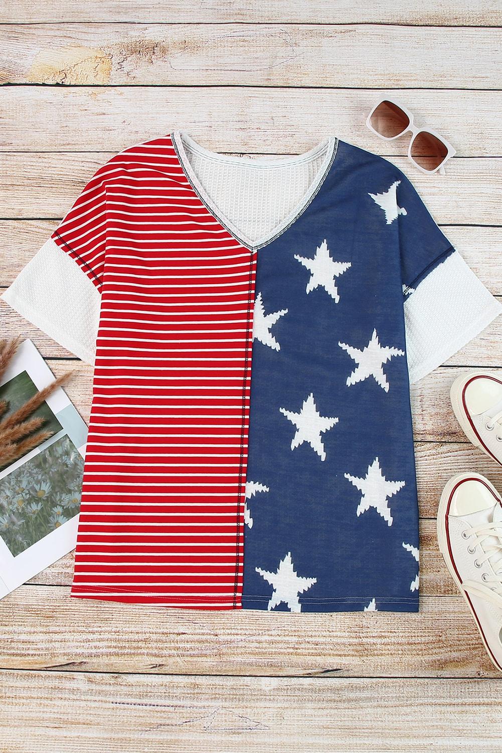 Multicolor Stripes Stars Print Knit Short Sleeves Top - L & M Kee, LLC