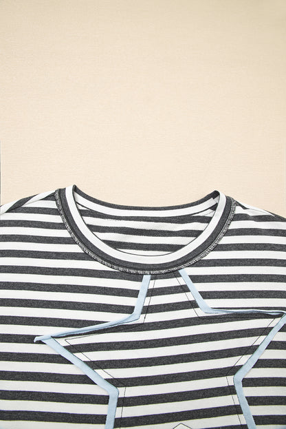Gray Stripe Starry Patch Drop Shoulder Raw Edge Casual Knit Top