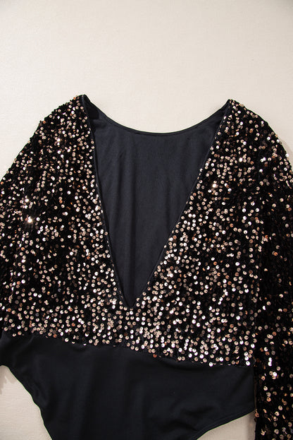 Black Deep V Back Sequin Puff Sleeve Bodysuit