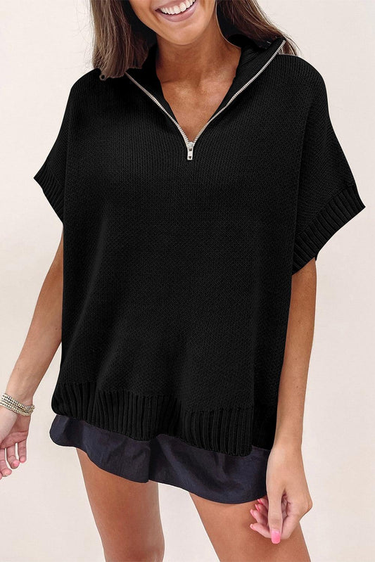 Black Quarter Zip Short Batwing Sleeve Sweater - L & M Kee, LLC