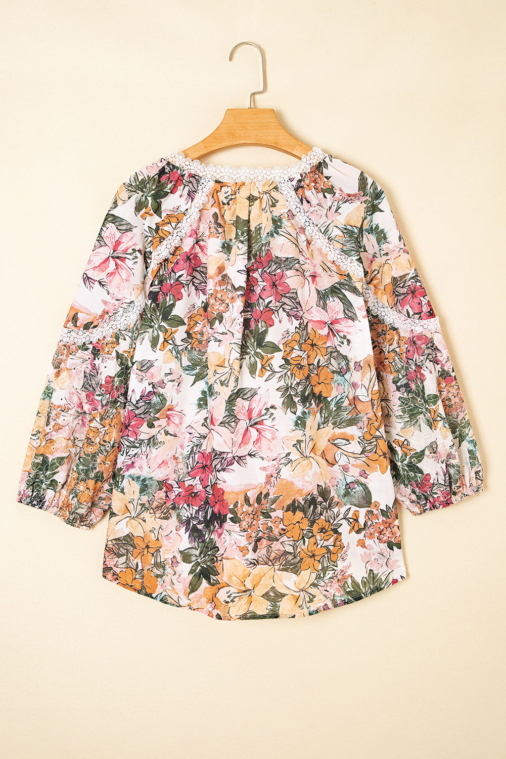 Pink Floral Print Lace Embroidery Tie Split Neck Long Sleeve Blouse