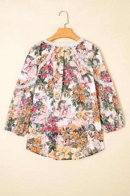 Pink Floral Print Lace Embroidery Tie Split Neck Long Sleeve Blouse