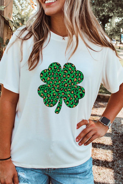 White Leopard Four Leaf Clover Graphic Tee - L & M Kee, LLC