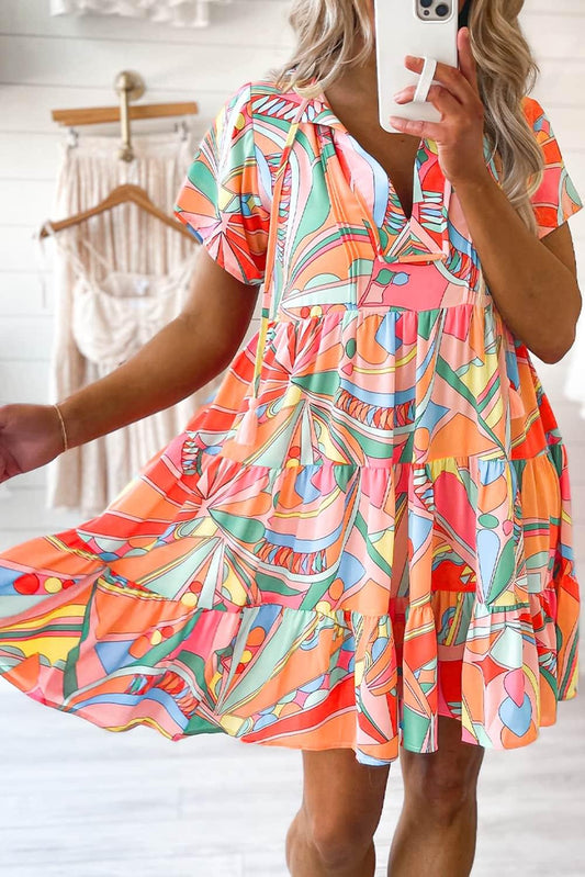 Multicolor Abstract Geometric Print Tassel Tie Flared Dress - L & M Kee, LLC