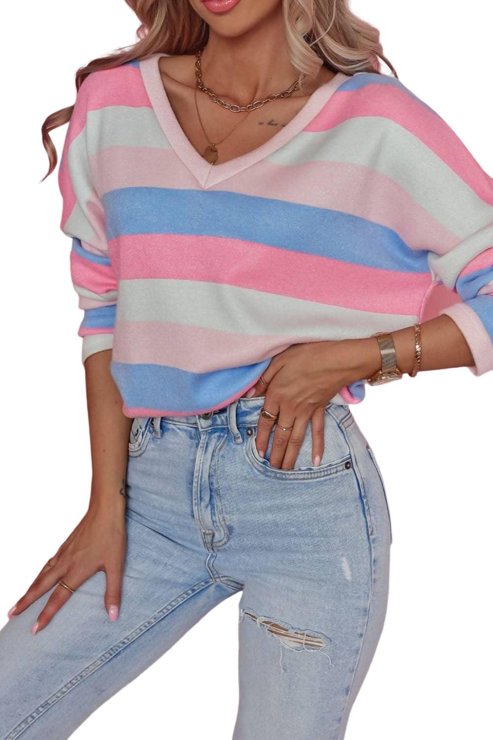 Contrast Striped V Neck Long Sleeve Top - L & M Kee, LLC