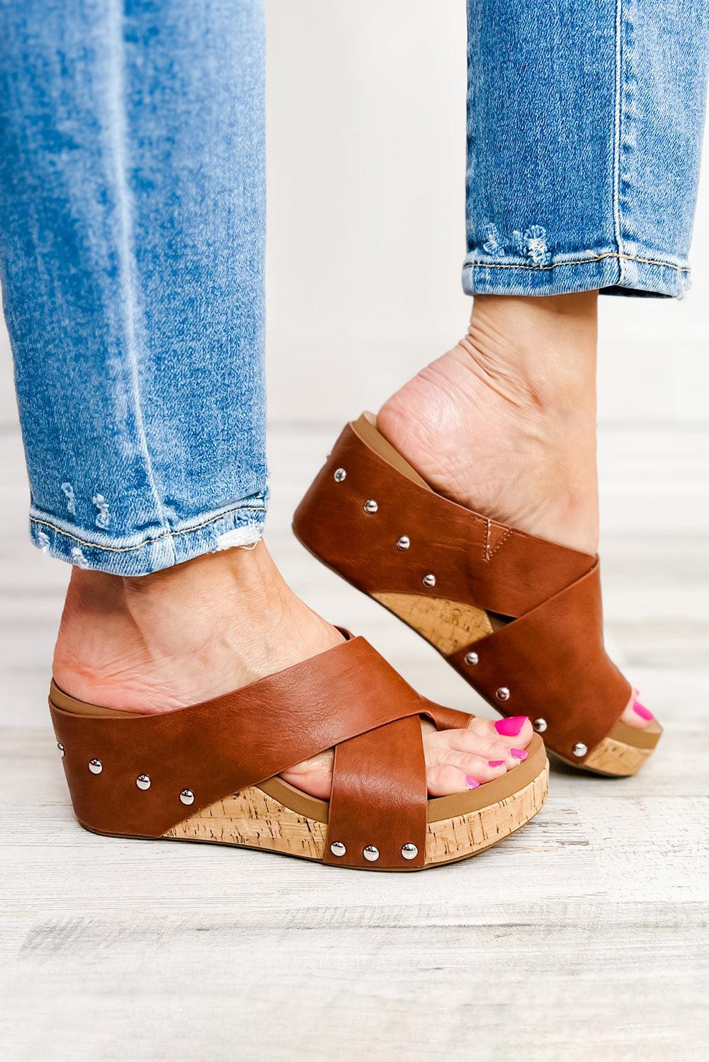 Chestnut Toe Ring Cross Cutout Studded Wedge Slippers - L & M Kee, LLC