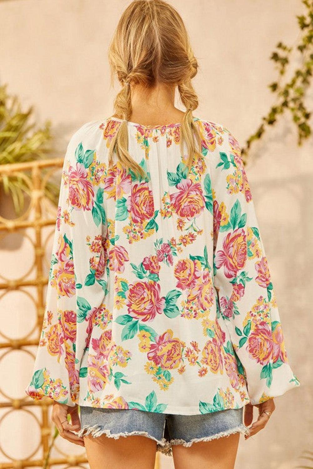Notch V Neck Floral Pleated Puff Sleeve Blouse