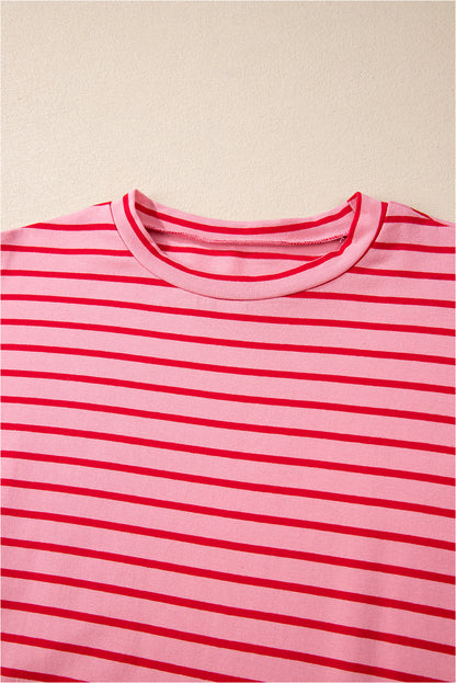 Strawberry Pink Striped 3/4 Sleeve Round Hem Shift T Shirt Dress