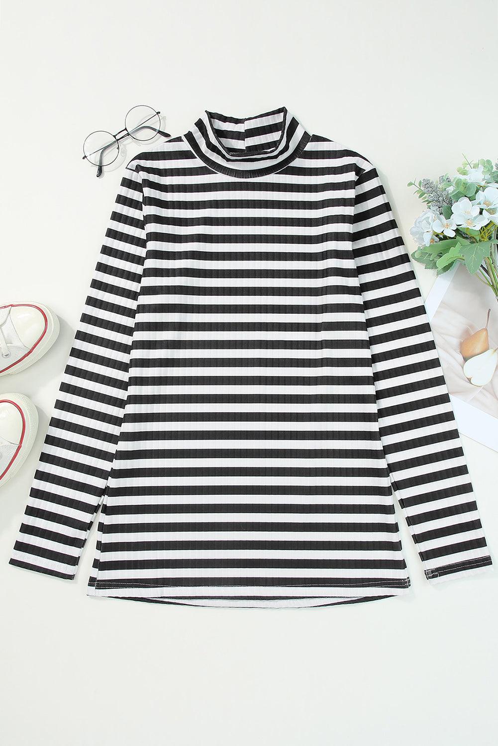 Black Striped Print Textured Knit Long Sleeve Tee - L & M Kee, LLC