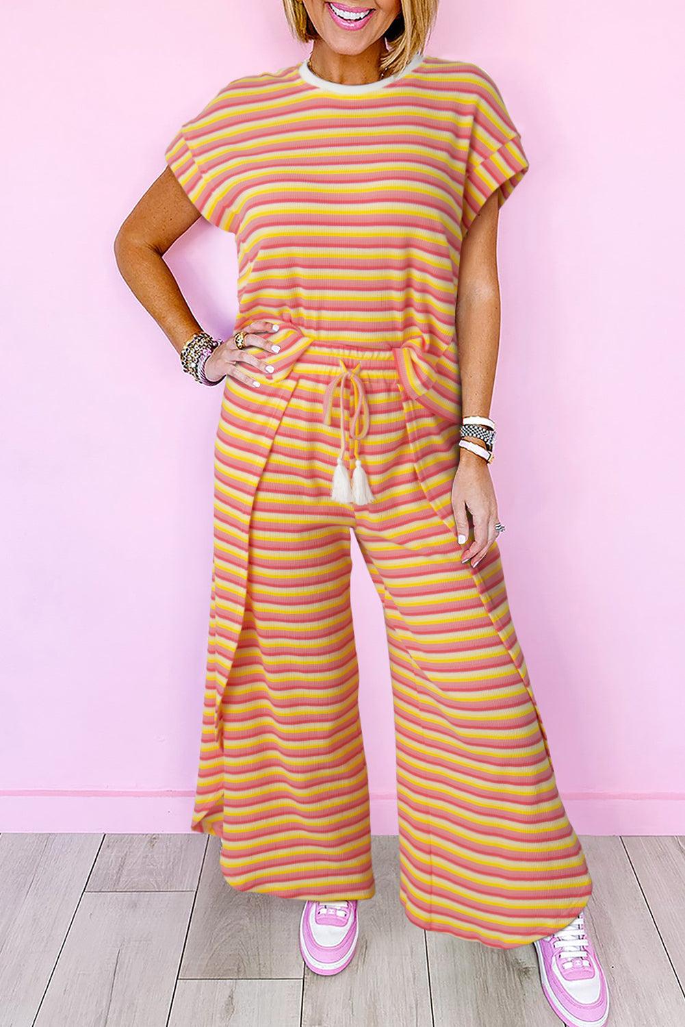 Yellow Stripe Rainbow Tee Tasseled String Wide Leg Pants Set - L & M Kee, LLC