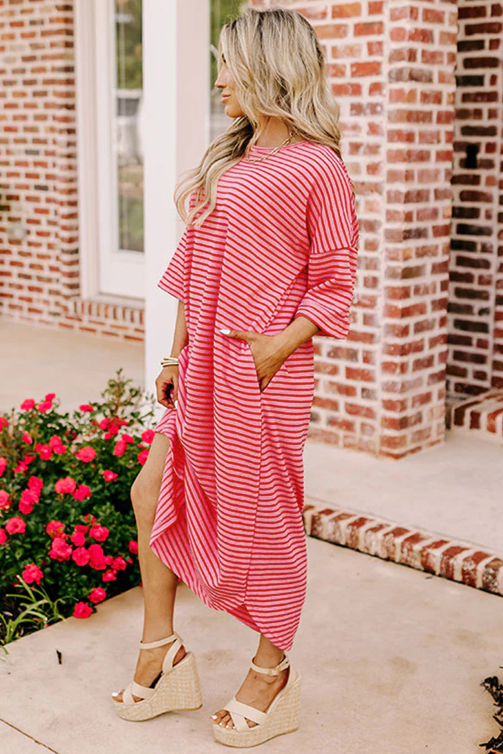 Strawberry Pink Striped 3/4 Sleeve Round Hem Shift T Shirt Dress