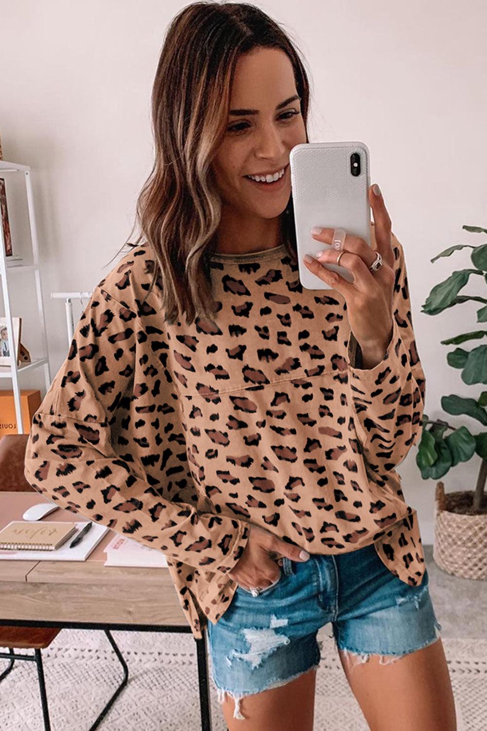 Leopard Animal Print Stitching Loose Long Sleeve Top - L & M Kee, LLC