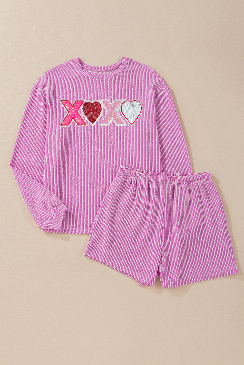 Phalaenopsis Corded Sequined XOXO Heart Valentines Long Sleeve Shorts Set