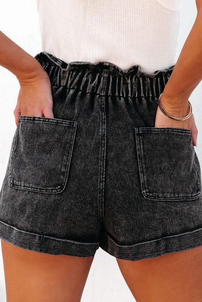 Black Vintage Washed Frilled High Waist Denim Shorts - L & M Kee, LLC