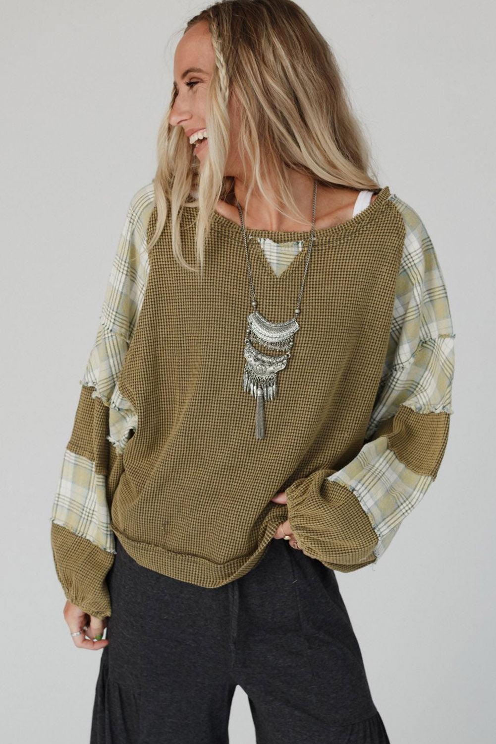 Green Plaid Patch Waffle Knit Exposed Seam Bubble Sleeve Top - L & M Kee, LLC