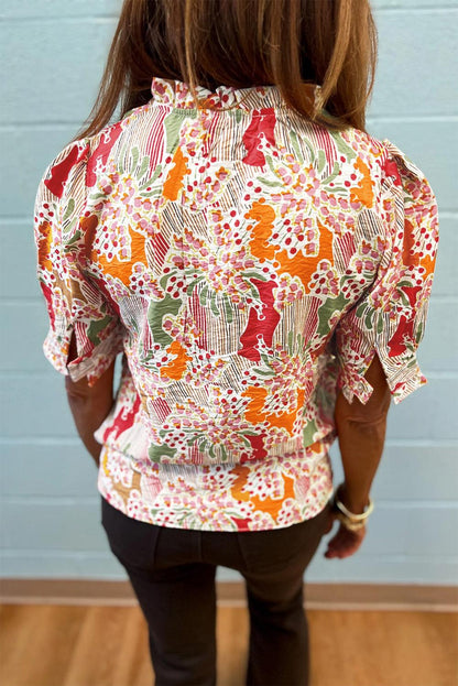 Pink Floral Print Button Frilled Short Sleeve Blouse - L & M Kee, LLC