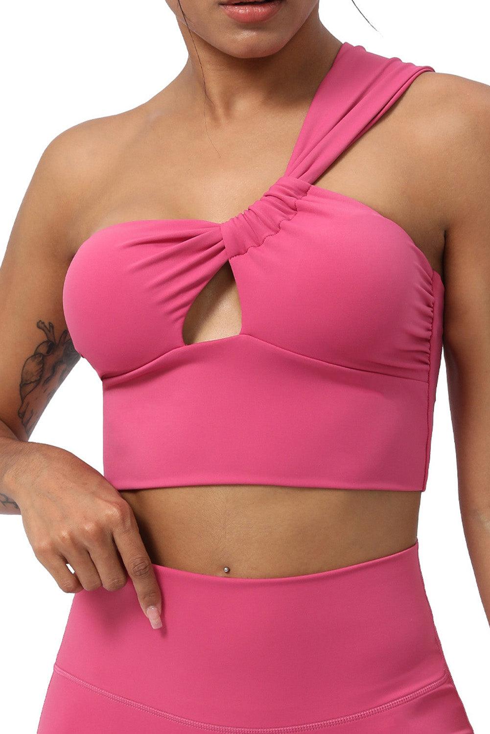 Rose Red Ruched Cutout One Shoulder Yoga Bra - L & M Kee, LLC