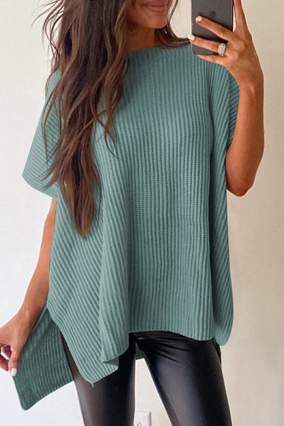 Haze Blue Short Sleeve Side Slit Oversized Sweater