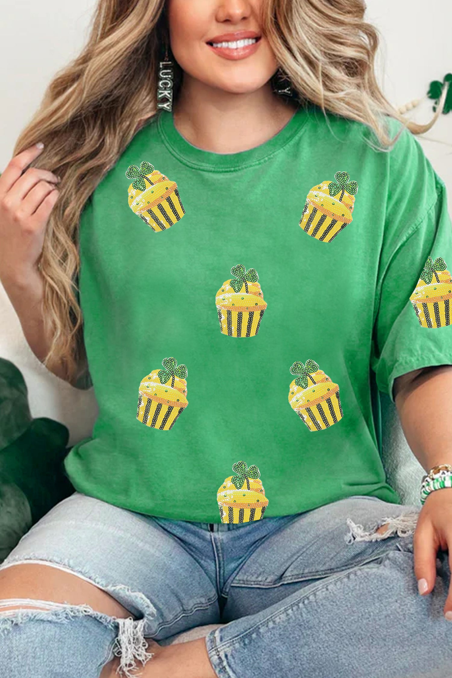 Bright Green St Patricks Day Sequin Cupcake Graphic T Shirt