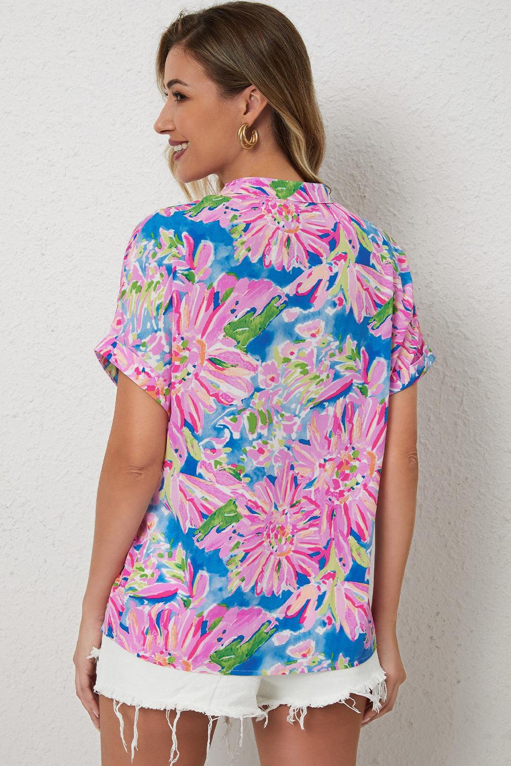 Pink Abstract Floral Print Notch V Neck Rolled Short Sleeve Blouse - L & M Kee, LLC