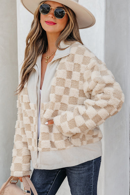 Khaki Checker Sherpa Corduroy Patchwork Zip up Collared Jacket