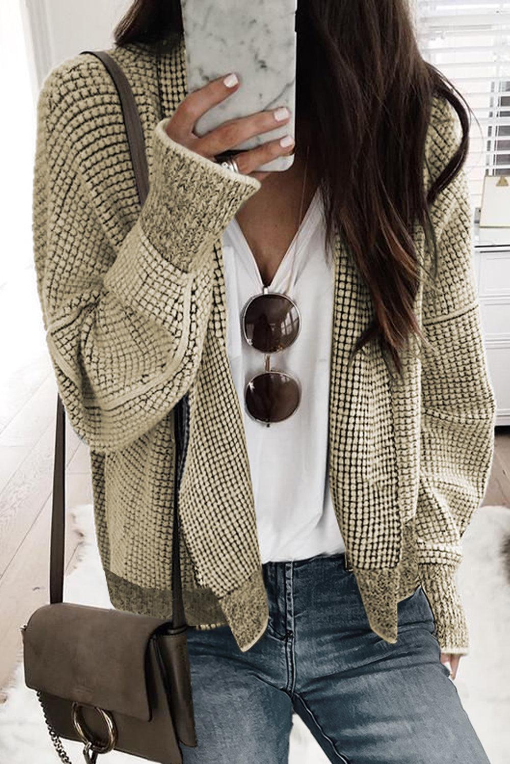 Grey Plaid Contrast Trim Open Front Cardigan - L & M Kee, LLC