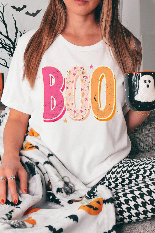 White Halloween BOO Letter Graphic T-shirt - L & M Kee, LLC