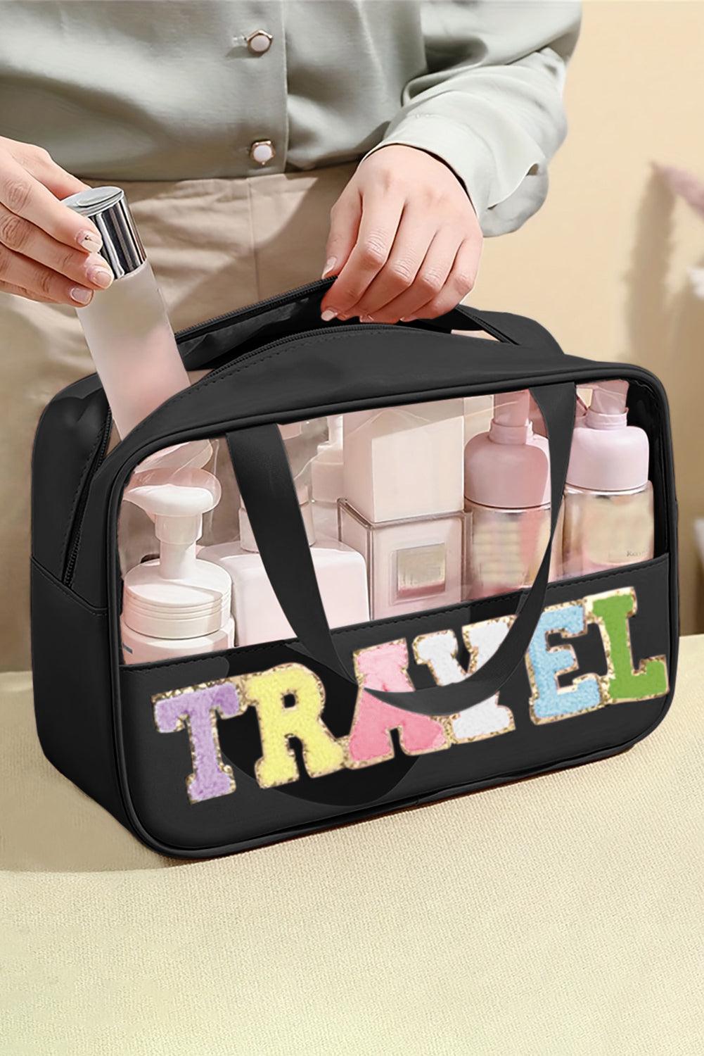 Light Pink TRAVEL Chenille Letter Clear PVC Makeup Bag - L & M Kee, LLC