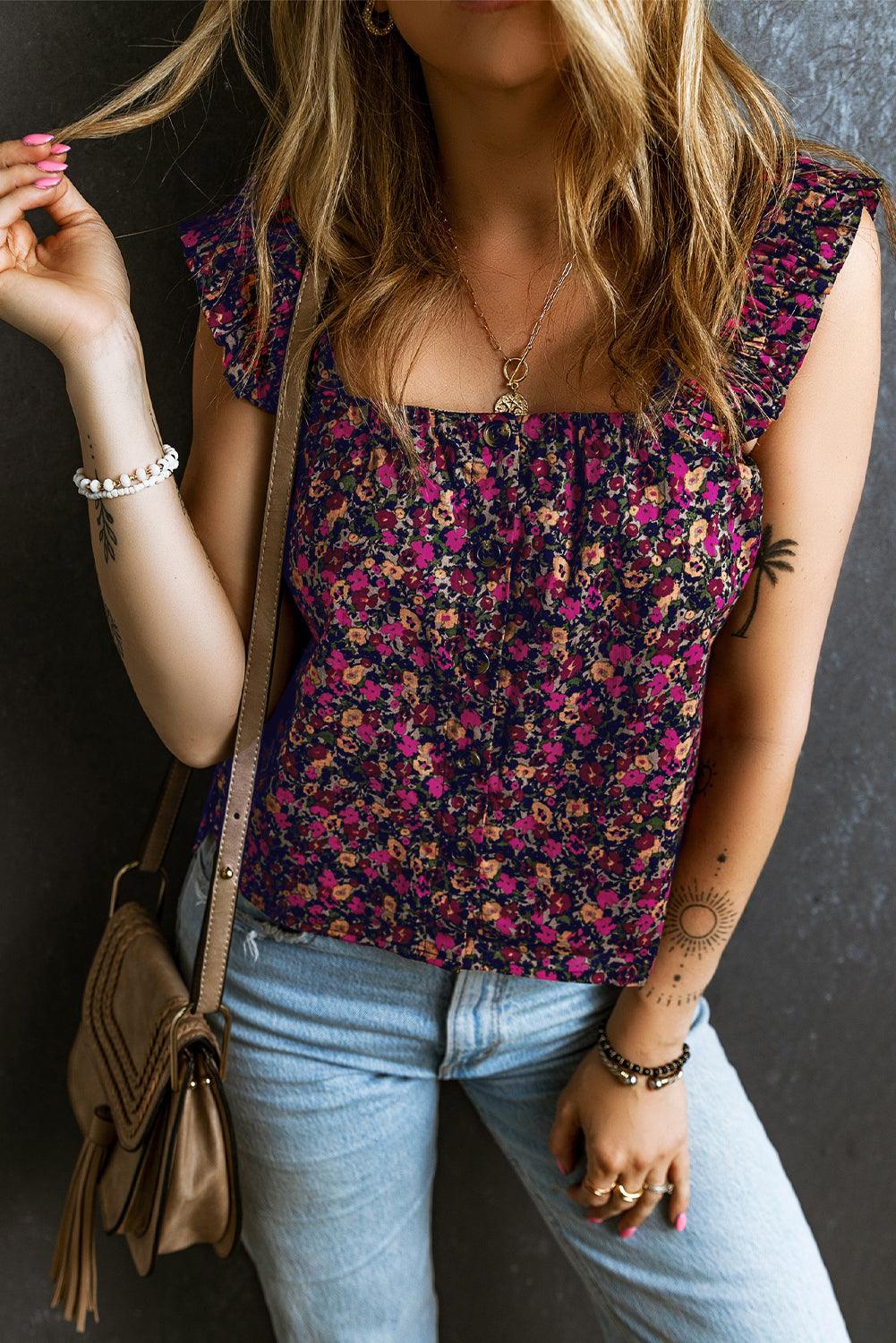 Rose Boho Frilled Straps Floral Tank Top - L & M Kee, LLC