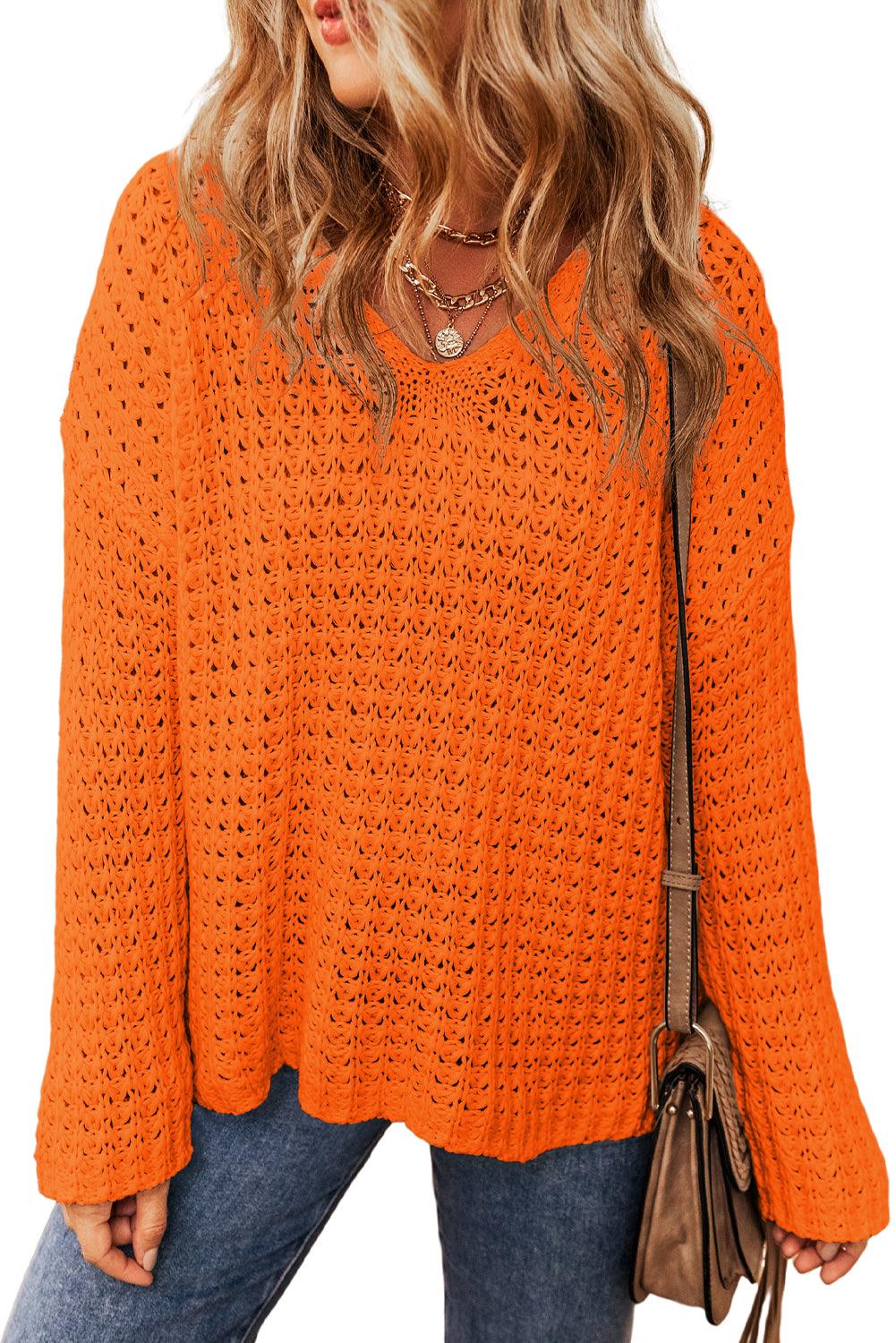 Carrot Hollow-out Crochet V Neck Sweater - L & M Kee, LLC