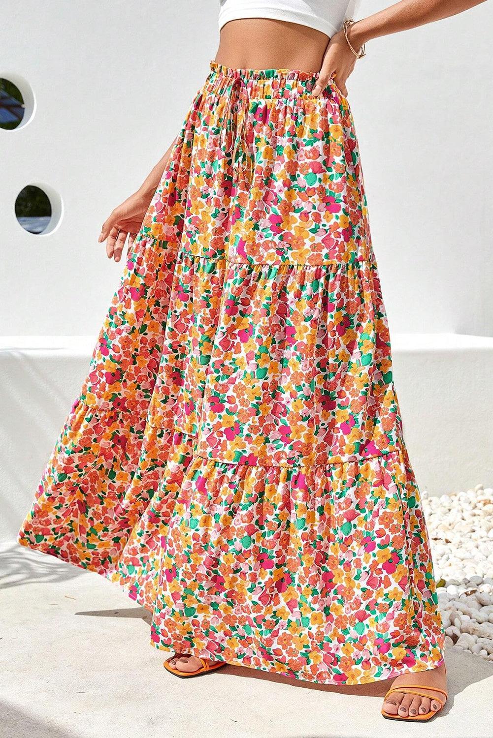 Yellow Boho Floral Print Tiered Long Skirt - L & M Kee, LLC