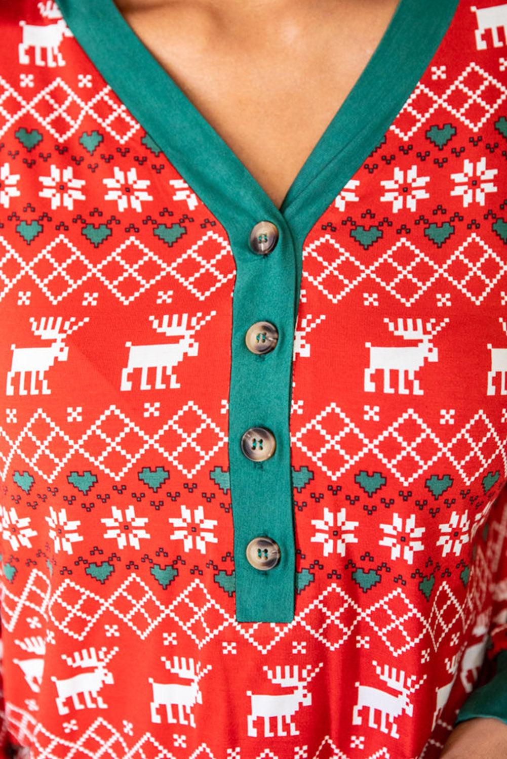 Red Christmas Print Henley Top Pajama Set - L & M Kee, LLC